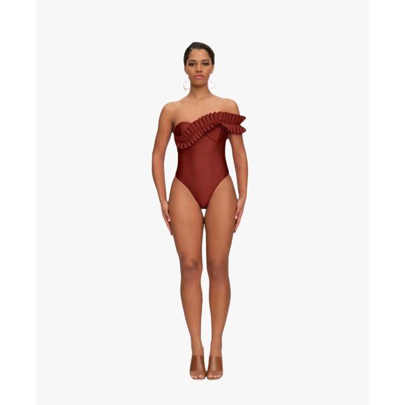 Andrea Iyamah Nisi One Shoulder Ruffle One Piece Swimsuit Chocolate Womens Size - Picture 5 of 12